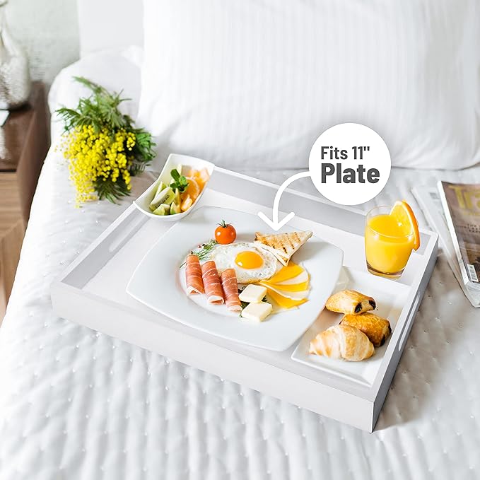 Wood Serving Tray with Handles, Home Decorative Wooden Rectangle Ottoman Decor Platter Vanity Tray for Breakfast Dinner Drinks Kitchen Dining Living Bathroom Restaurants White-Ruum Studio Home