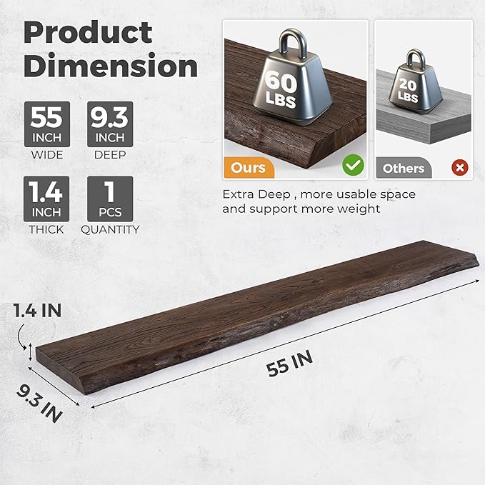 RICHFOCUS Live Edge Elm Floating Shelves - 55" W x 9.3" D Rustic Solid Wood Wall Shelves with Invisible Bracket, Wall-Mounted for Living Room, Bedroom, Kitchen Storage & Display, Set of 1, Walnut-Ruum Studio Home