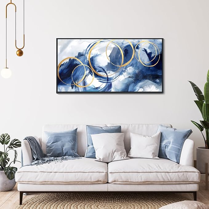 AJAZIKO Blue Abstract Wall Art Modern Navy Blue and Gold Pictures for Living Room Paintings Office Artwork Wall Decor Framed Canvas Wall Art Bedroom Wall Decor Above Bed 20×40IN-Ruum Studio Home