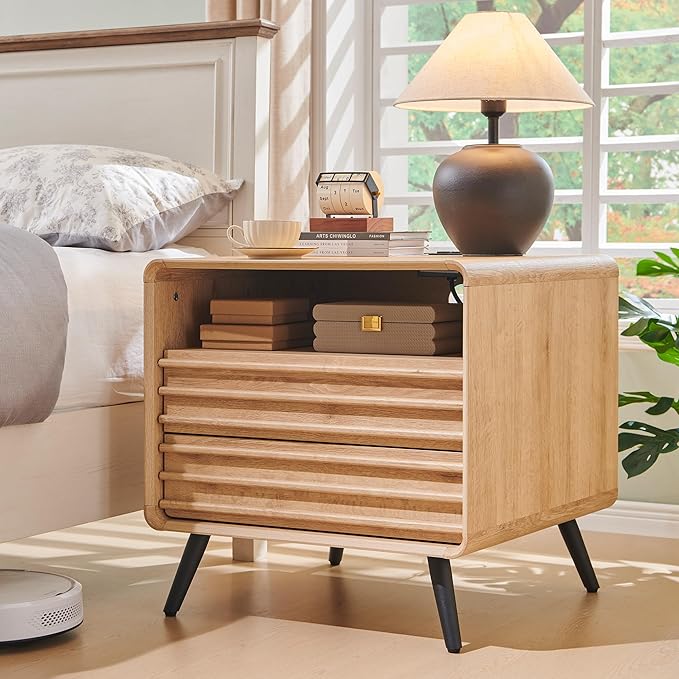 RedLemon 24" Nightstand Set of 2 with Charger Station, Mid Century Modern Fluted End Table with 2 Drawers, Wooden Side Table with Open Cubby Storage for Living Room, Bedroom, Office(Natural Oak)-Ruum Studio Home