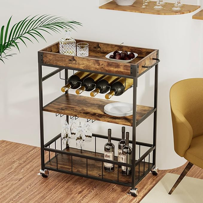 Bar Cart Serving Wine 3 Tier Home Rolling Rack with Wheels Mobile Kitchen Industrial Vintage Style Wood Metal Serving Trolley Serving Cart,Glass Holder Bar Cabinet-Ruum Studio Home