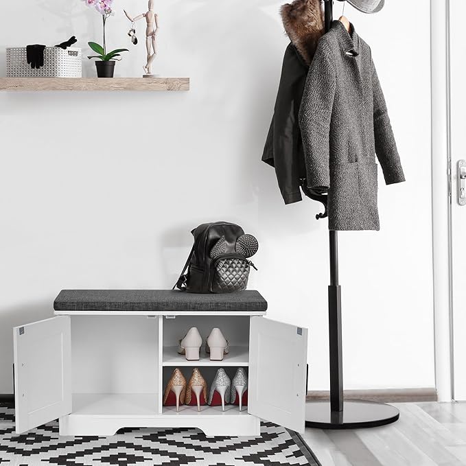 2-Tier Storage Bench, Shoe Bench with Padded Seat Cushion, Entryway Bench with 2 Barn Doors, Adjustable Shelf, 13.8" D x 27.6" W x 17.7" H, for Entryway, Living Room, Bedroom, White-Ruum Studio Home