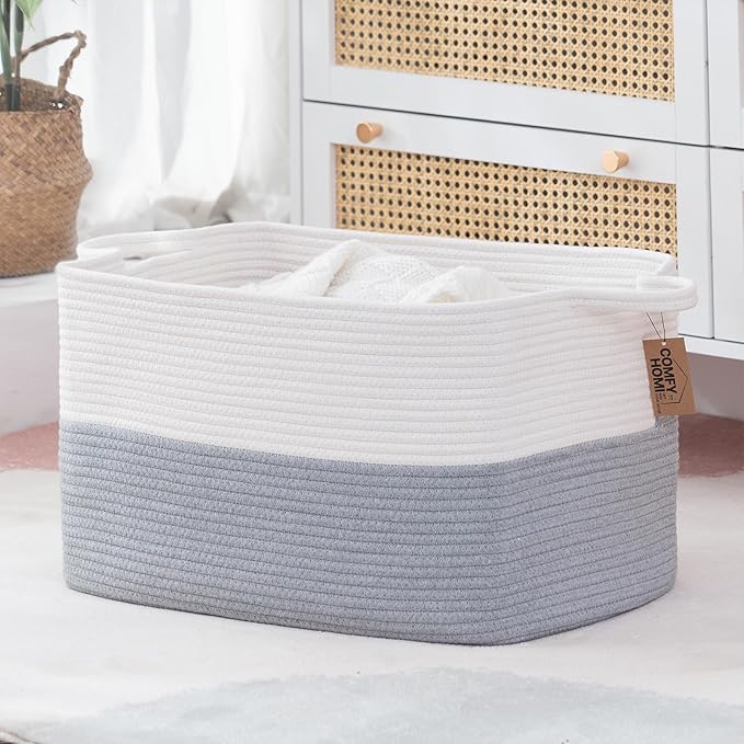 COMFY-HOMI Large Rectangle Laundry Storage Basket | Cotton Rope Woven, Organizing with Handle | Dirty Cloth & Baby Shower Basket | 22x15x12' - White/Grey-Ruum Studio Home