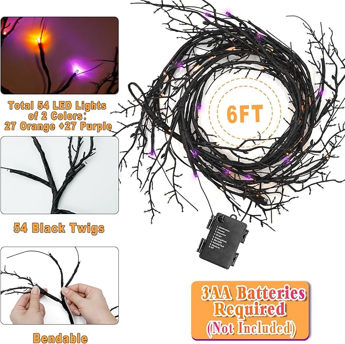 [8 Modes & Timer] Halloween Decorations Willow Vine Twig Garland, 6 FT 54LED Willow Vine Twig Lights Orange Purple LED Lights for Indoor Wall Fireplace Halloween Decorations-Ruum Studio Home