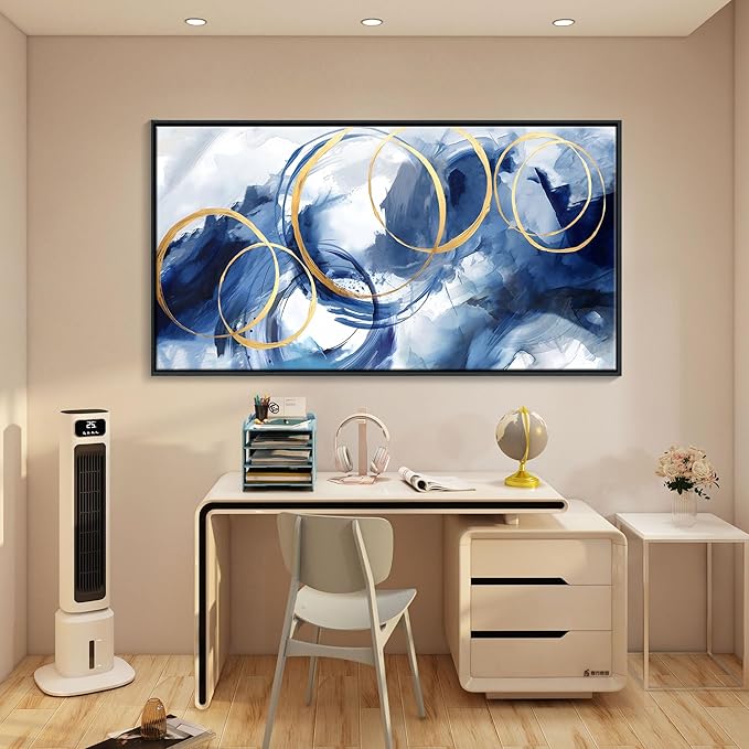 AJAZIKO Large Framed Canvas Wall Art Blue Abstract Wall Art Pictures for Living Room Bedroom Kitchen Office Decor 29x58 In Navy Gold Modern Paintings-Ruum Studio Home