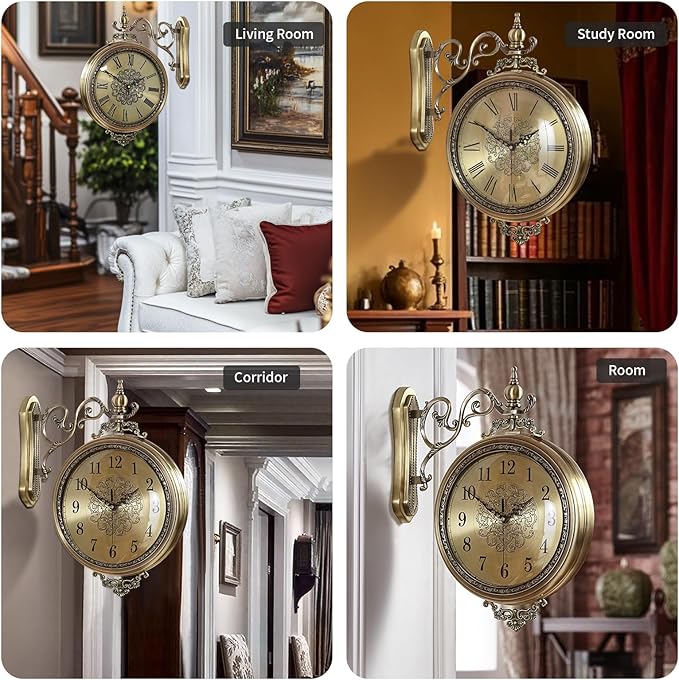 Large Vintage Double Sided Wall Clock with Glass & Metal, Roman and Arabic Numerals, Silent Non-Ticking Battery Operated Antique Clock for Living Room, Office, Hallway Decor (15x18.5 Inch)-Ruum Studio Home