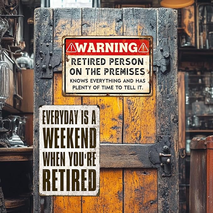 Retirement Signs - Funny Retirement Gifts for Men Vintage Warning Retired Person On Premises Metal Tin Sign for Happy Retirement Party Door Decor Retired Yard Gifts for Women 8x12 Inch-Ruum Studio Home