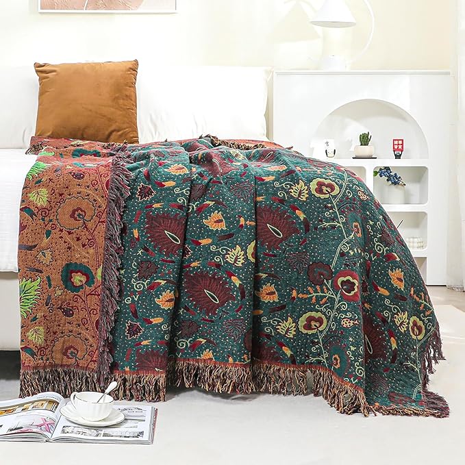Boho Fall Throw Blanket for Bed，100% Ultra Cotton Soft Breathable Bed Throw Floral Printed Farmhouse Decor Rustic Bed Throws for Couch Sofa Quilt 90" x 98"-Ruum Studio Home