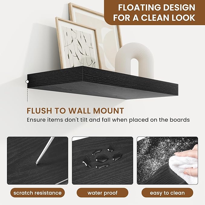 fuqing Floating Shelves for Wall, Bathroom Shelf Wall Mounted for Storage, Shelves with Invisible Bracket for Bedroom, Kitchen, Living Room, Farmhouse Small Book Shelf, 16 Inch Set of 2, Black-Ruum Studio Home