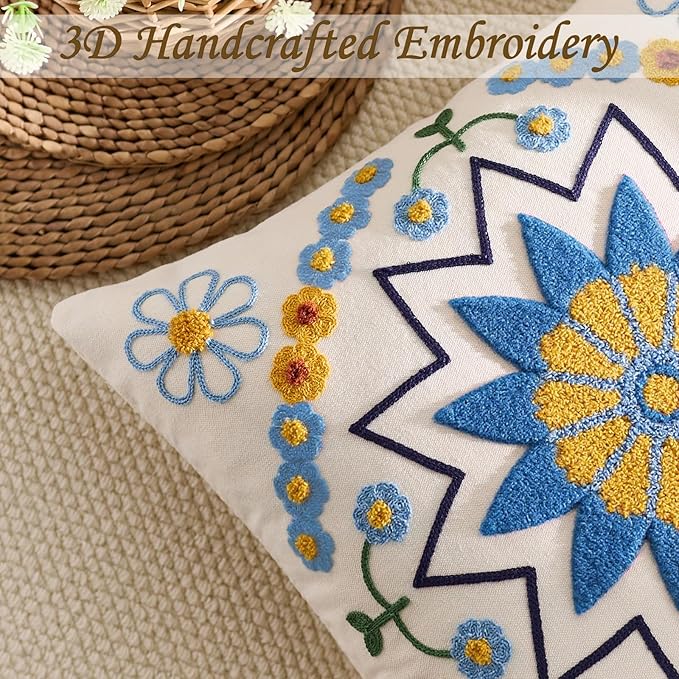 Embroidered Throw Pillow Cover 18x18 Classic Boho Floral Pattern Pillows Cover Outdoor Decorative Pillowcase,Durable Cozy Textured Cushion Case for Sofa Couch Bed Living Room,Blue Orange-Ruum Studio Home