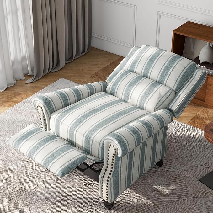 UIXE Pushback Recliner Chair, Fabric Armchair Push Back Accent Chair for Living Room, Rivet Trim Club Arm Chair Overstuffed Home Theater Single Sofa Bedroom Reading Seat with Footrest - Stripe Blue-Ruum Studio Home