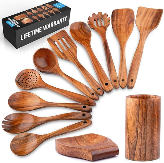 Zulay Kitchen 12-Piece Teak Wooden Utensils for Cooking - Natural Teak Utensil Set with Premium Gift Box - Non-Stick Wooden Spoons for Cooking - Kitchen Gift Set - Comfortable Grip Wooden Utensil Set-Ruum Studio Home