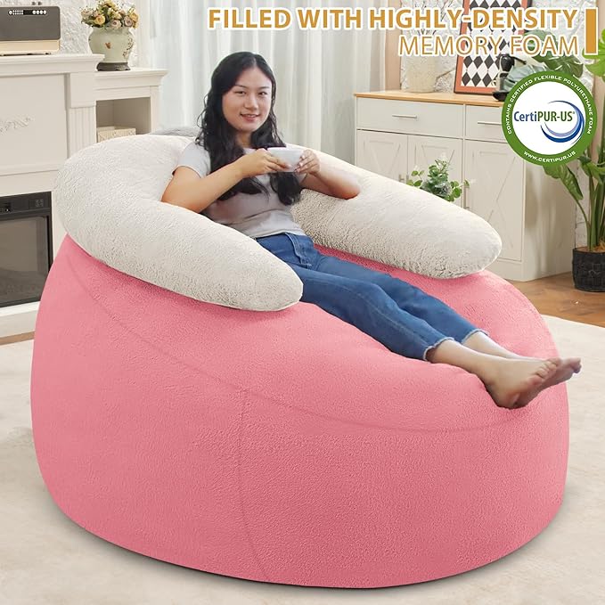 HABUTWAY Bean Bag Chair with U-Shaped Pillow - Faux Fur Fabric (Beige-Light Pink)-Ruum Studio Home