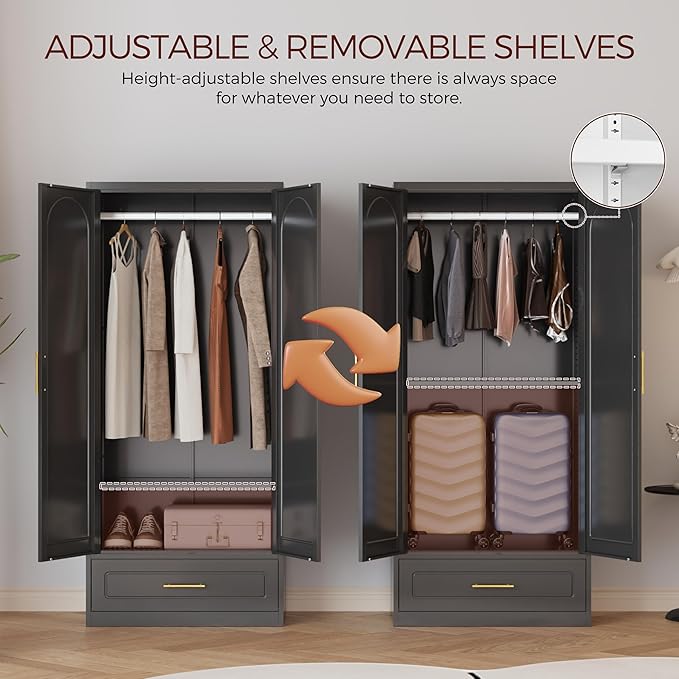 71" Metal Armoire Wardrobe Closet with 2 Doors and Drawer, Tall Wardrobe Cabinet with Hanging Rod and Adjustable Shelves, Black Clothing Storage Cabinets for Bedroom, Home Office-Ruum Studio Home