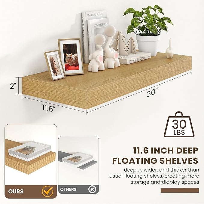 Deep Floating Shelves for Wall | 30 Inch Wide x 12 Inch Deep Floating Shelves | 30W x 12D Rustic Oak Wide Wall Shelves | Bookshelf Laundry Shelf TV Shelf-Ruum Studio Home