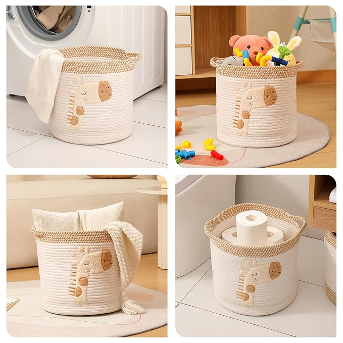INough Toy Storage Baskets Woven Cotton Rope Storage Basket for Kids, Blanket Baskets for Living Room Toys Organizer with Embroidery Decor, Cute Baskets with Handle for Nursery, Playroom (Giraffe)-Ruum Studio Home