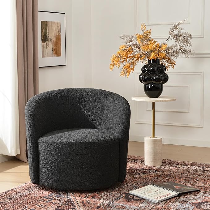KINWELL 34" W Mid Century Modern Swivel Barrel Chair, Round Upholstered Boucle Swivel Accent Chairs, No Assembly Sofa Chair for Living Room Bedroom Reading Apartment Lounge Nursery(Black)-Ruum Studio Home