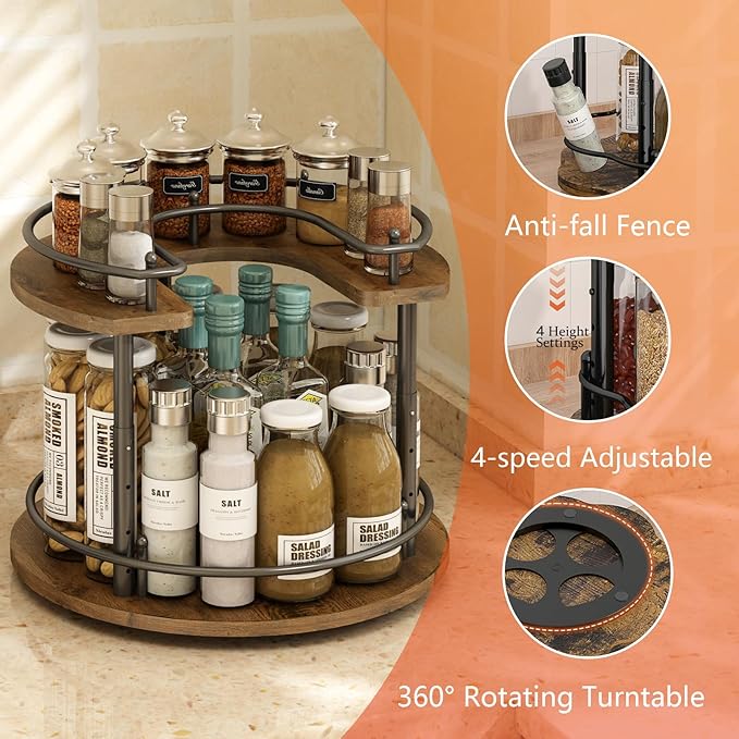2 Tier Lazy Susan Organizer,2-Tier Spinning Spice Rack with Stable Carousel Base & 4 Height Settings for Cupboard Kitchen Countertop Dining Table Cupboard (Round)-Ruum Studio Home