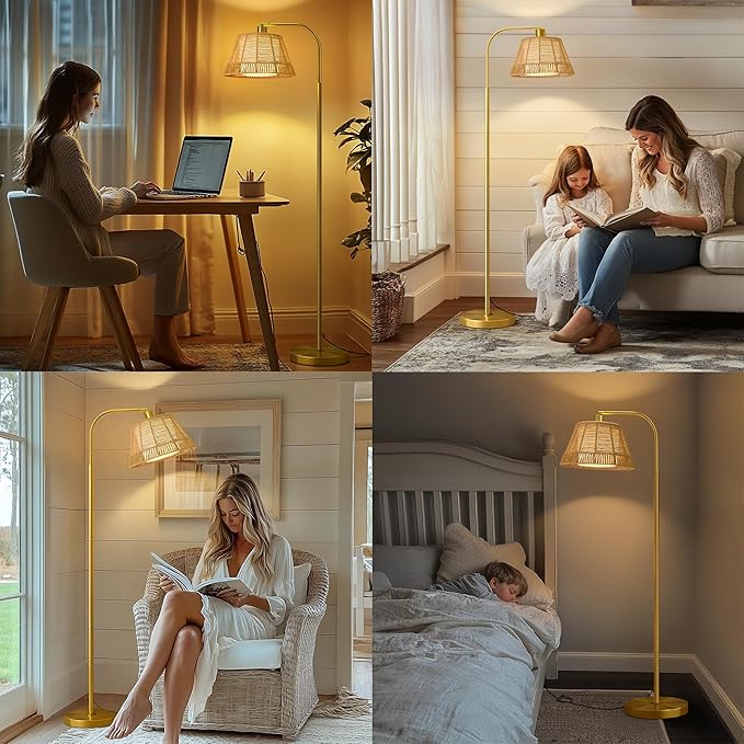 Oneach Arc Floor Lamp for Living Room,Rattan Boho Floor Lamp with Hand-Woven Wicker & Fabric Shade, Foot Switch,Gold Metal Base & Pole,Farmhouse Standing Lamp for Bedroom Corner,Office,Reading-Ruum Studio Home