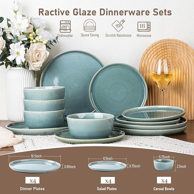 GBHOME Ceramic Dinnerware Sets for 4, 12 Pieces Stoneware Plates and Bowls Sets, Scratch Resistant Dishes, Dishwasher & Microwave Safe, Reactive Glaze-Malachite Green-Ruum Studio Home