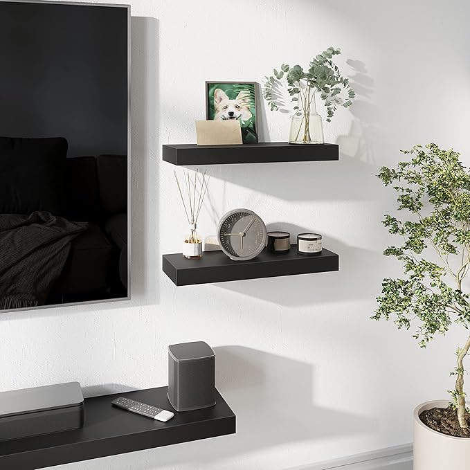 BAMEOS Floating Shelves, Black Wall Mounted Wooden Shelves with Invisible Brackets Set of 2, Hanging Wall Shelves Decoration for Bedroom, Bathroom, Living Room and Kitchen-Ruum Studio Home