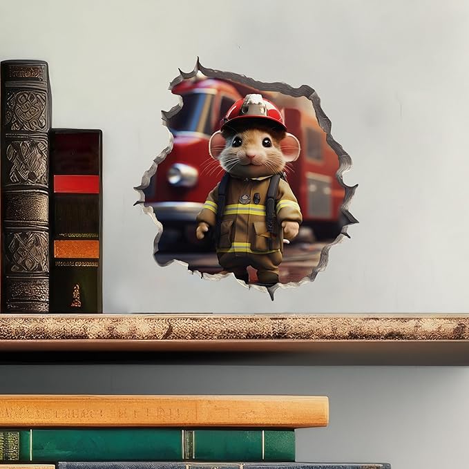 Firefighter Mouse in Mouse Hole Decal - Mouse Hole 3D Wall Sticker-Ruum Studio Home