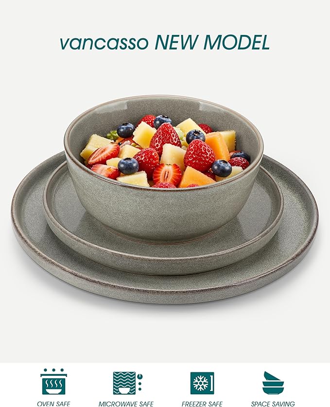 vancasso ANYA 24 Pieces Plates and Bowls Set, Stone Grey Dinnerware Sets, Reactive Glaze Dishes Set for 8, Ceramic Dishware Sets Kitchen Dinner Set, Microwave & Dishwasher Safe-Ruum Studio Home