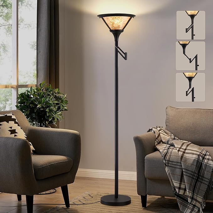 Floor Lamps for Living Room - 70" Black Torchiere Standing Floor Lamp with White Mica Shade - Tall Corner Lamp Decor for Bedroom with Adjustable Swing Arm LED Reading Light for Home Office-Ruum Studio Home