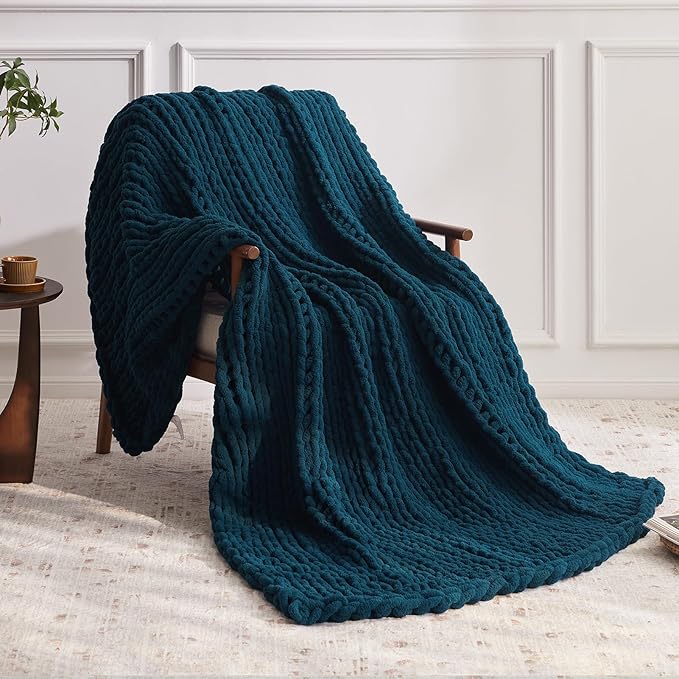 Chunky Knit Throw Blanket, 30''*40'' Knitted Throw Chenille Yarn for Bed Couch, Handmade Peacock Blue Crochet Big Thick Blanket, Machine Washable Cute Comfy Blanket for Home Decor-Ruum Studio Home
