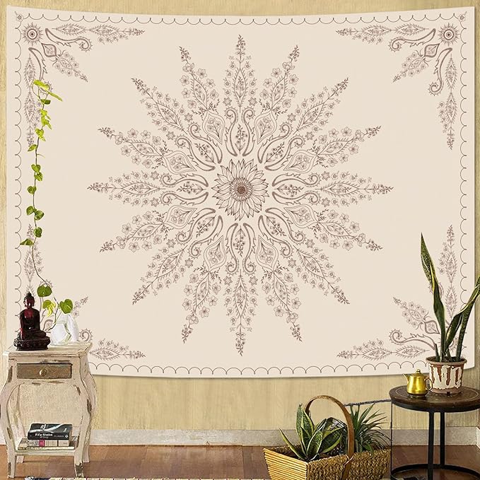 Fowocu Boho Floral Mandala Tapestry for Bedroom Aesthetic Bohemian Flower Wall Tapestry Beige Hippie Indian Small Tapestries Wall Hanging for Living Room Dorm Decor 60 x 44 Inch-Ruum Studio Home