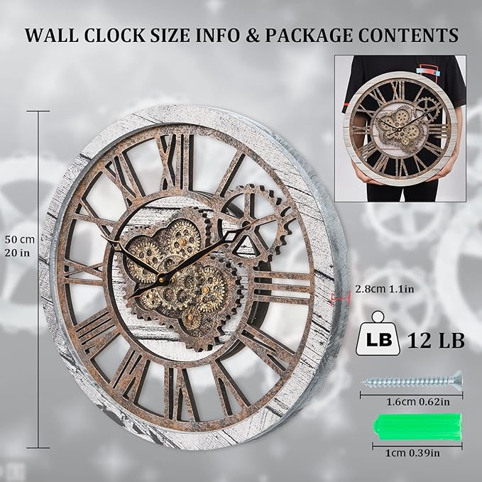 HOIBAI Large Wall Clock, 20 Inch Wall Clocks for Living Room Decor Farmhouse Vintage Rustic Kitchen Wall Decor Vintage Roman Big Oversized Wall Clock for Home Bedroom House Office, Moving Gears Clock-Ruum Studio Home