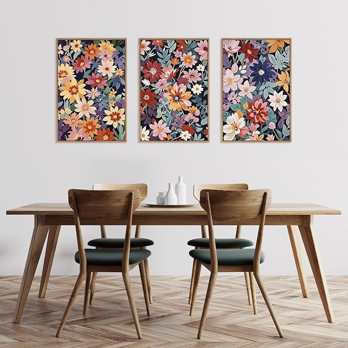 HLNIUC Boho Floral Framed Canvas Wall Art,Colorful Wildflower Landscape Wall Decor Set of 3(16”x24”)Rustic Bohemian Style Flower Art Print,Modern Botanical Floral Wall Painting for Living Room Bedroom-Ruum Studio Home
