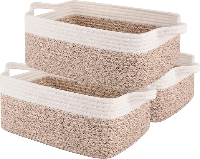 OIAHOMY 3 Pack Storage Baskets for Organizing, Woven Cotton Rope Basket for Shelves, Closet Organizer Bins with Handles, Rectangle Toy Organization, 13.78''×9.84''×5.5'', Brown & White-Ruum Studio Home