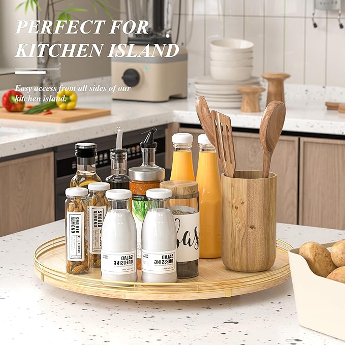21-Inch Wooden Lazy Susan Turntable – Premium Oak & Iron, Extra Large Rotating Serving Tray for Dining Table, Kitchen Countertop, Farmhouse Décor, Spice Rack, Charcuterie & Entertaining-Ruum Studio Home