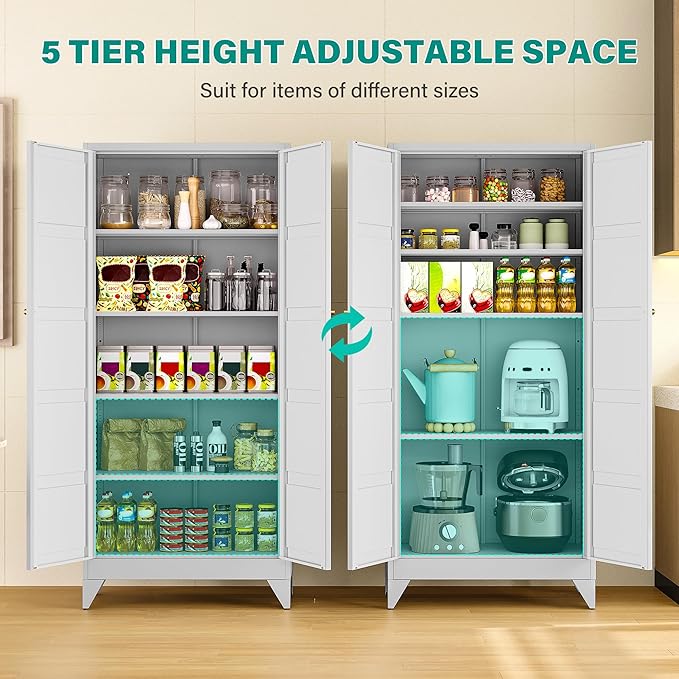 Wide & Deep Metal Storage Cabinet with 2 Doors and 5 Shelves,72 inch Tall Pantry Storage Cabinet,Large Cupboard Closet,White Cabinets for Home,Kitchen,Bathroom,Dining/Living Room-Ruum Studio Home