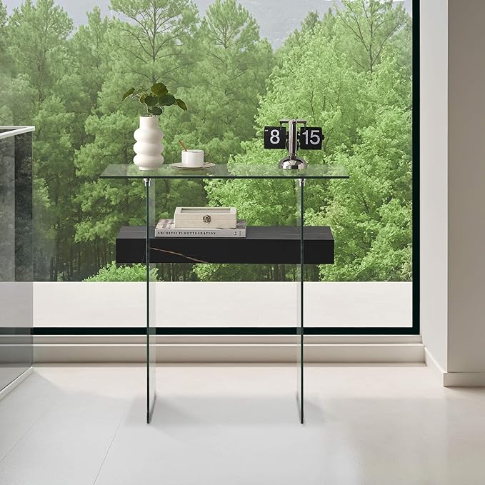 ivinta Glass Console Table with Storage, 31.5'' Modern Narrow Sofa Table for Small Space with Natural Wood Shelves for Living Room, Hallway, Foyer, Bedroom 5103 (Black)-Ruum Studio Home
