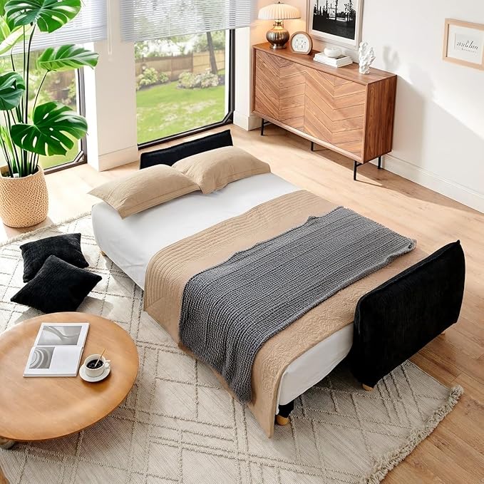Convertible Sofa Bed, 90" Full Size Sleeper Sofa with Storage, Tufted Chenille 3 Seat Sofa Couches for Living Room, Small Spaces, Guest Room, Apartment, Black-Ruum Studio Home