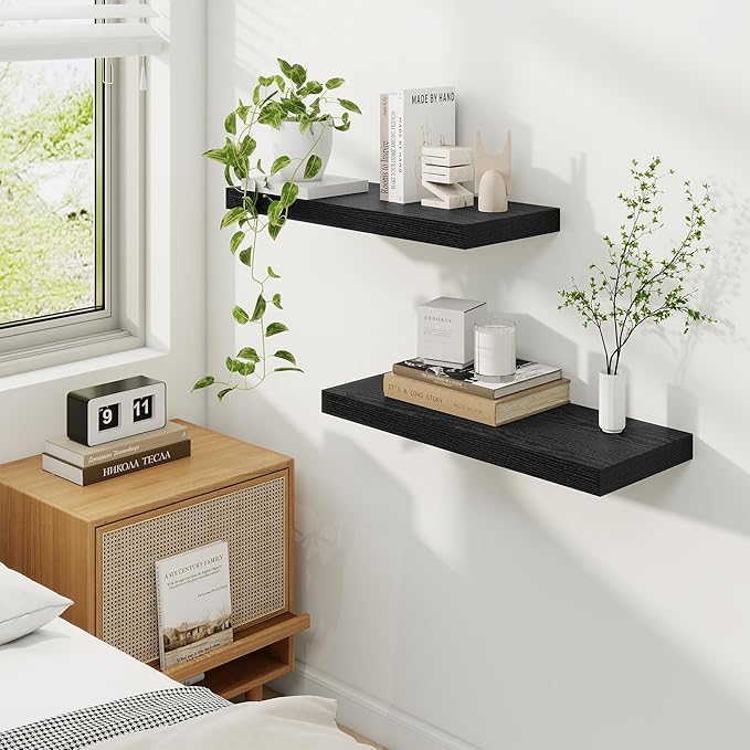 Fun Memories 24 Inch Floating Shelves for Wall, 9 Inch Deep Black Rustic Wood Wall Mounted Shelves for Bathroom, Kitchen, Living Room, Set of 2-Ruum Studio Home