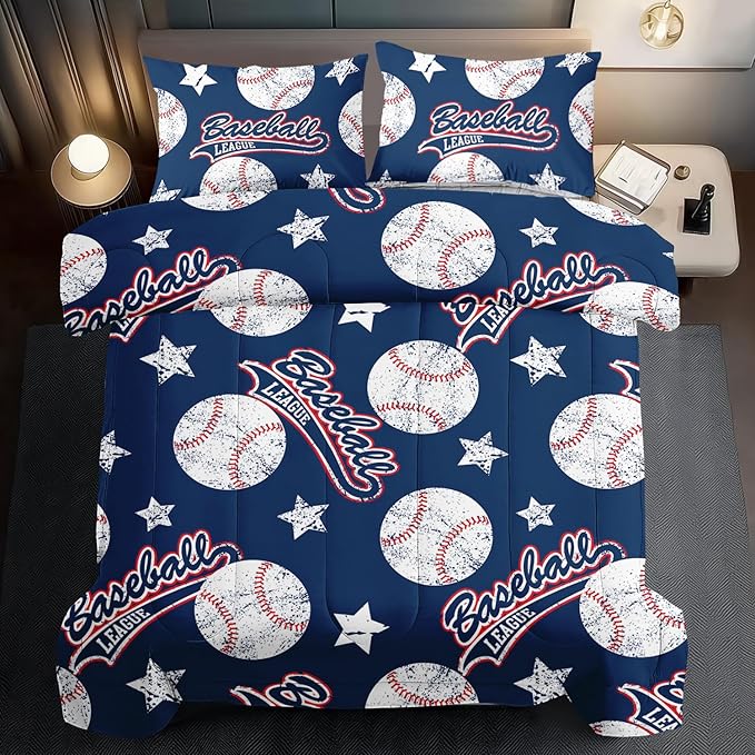Baseball Comforter Set Twin,Sports Bedding Sets for Boys,Blue Sports Comforter Twin Bedroom Decor,Baseball Bedding Teen for All Seasons,Blue Quilt Kids Bedroom Decor-Ruum Studio Home