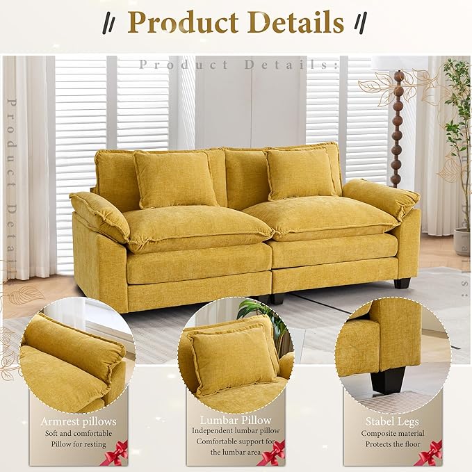 URRED Modular Sectional Sofa Comfy Cloud Couch, Modern Chenille Loveseat Sofa Sleeper Deep Seat Couches with Pillows for Living Room (Yellow, 82.6'')-Ruum Studio Home