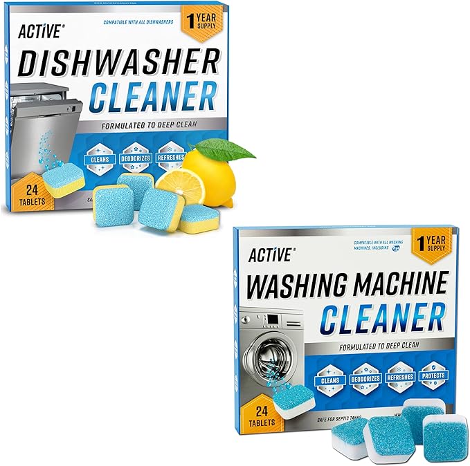 ACTIVE Washing Machine And Dishwasher Cleaning Tablets Bundle - Includes 12 Month Supply Dishwasher Cleaner Deodorizer & Washing Machine Descaler Deep Cleaning Tablets - 48 Tablet Set-Ruum Studio Home