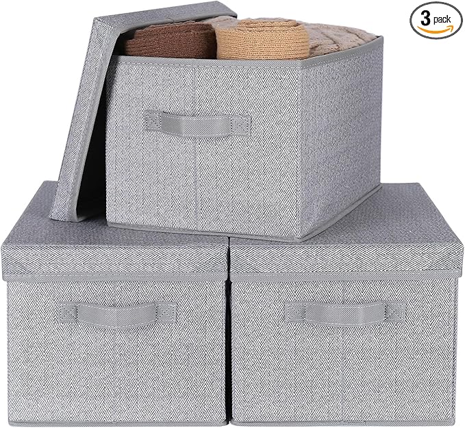 WUIKE 3 Pack Large Storage Bins with Lids, Fabric Closet Shelf Organizers, FoldableStorage Baskets with Cover for Bedroom, Herringbone Gray-Ruum Studio Home