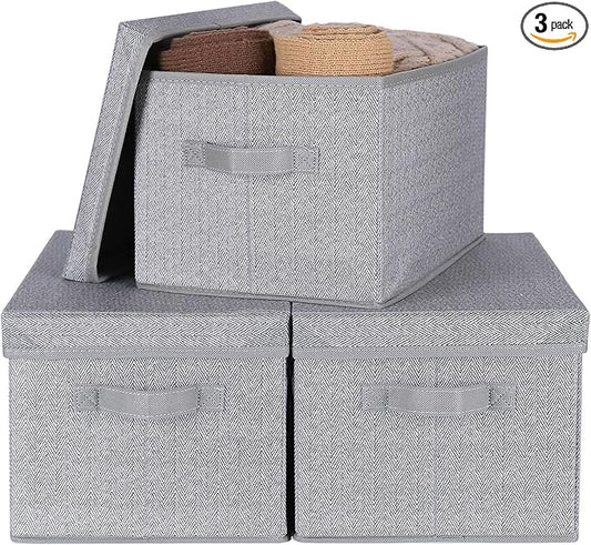 WUIKE 3 Pack Large Storage Bins with Lids, Fabric Closet Shelf Organizers, FoldableStorage Baskets with Cover for Bedroom, Herringbone Gray-Ruum Studio Home
