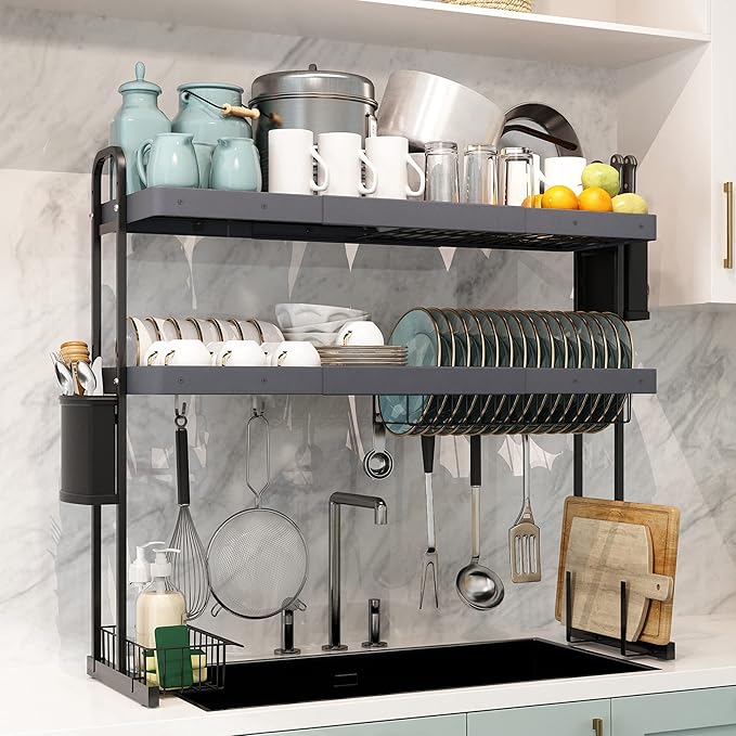MAJALiS Over Sink Dish Drying Rack, Stainless Steel 2 Tier Large Dish Drainer Above Sink Adjustable 27.5" - 34.6", Expandable Kitchen Counter Organizer Storage Shelf with 6 Hooks-Ruum Studio Home