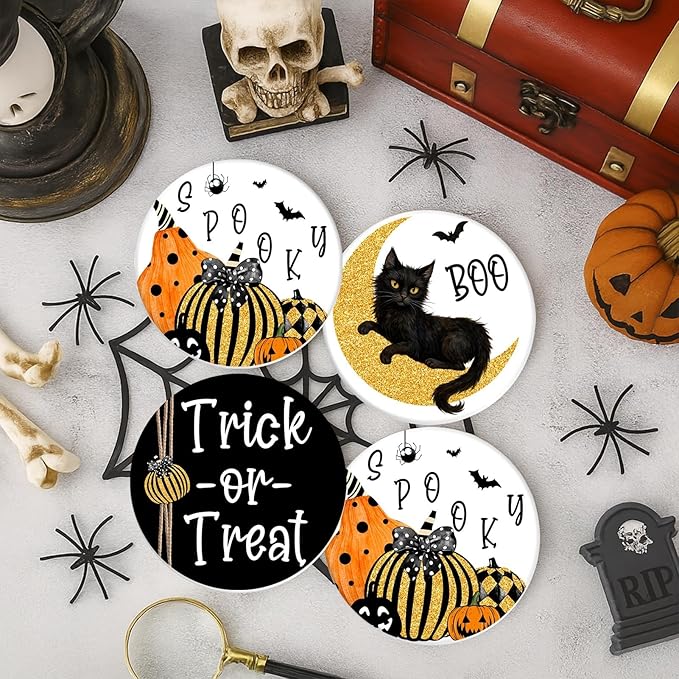 Coaster for Drinks Set of 6, Halloween Boo Black Cat Trick or Treat Spooky Pumpkin Bat Absorbent Round Ceramic Stone Mat, with Cork Base and Metal Holder, Gift for Housewarming Room Bar Decor-Ruum Studio Home