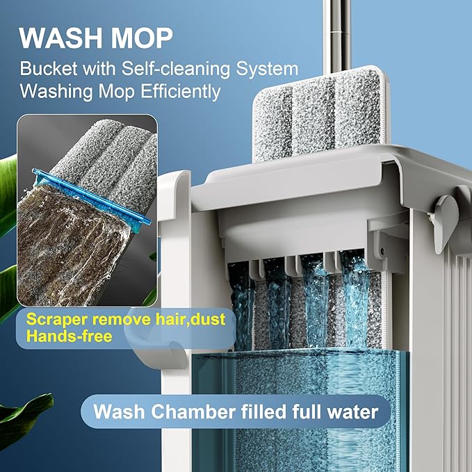 JOYMOOP Mop and Bucket with Wringer Set, Flat Squeeze Mop with Bucket (X-Large), Dust Mop for Wall Cleaner with Long Handle, Microfiber Mop - White Bucket with 5 Reusable 15" Pads-Ruum Studio Home