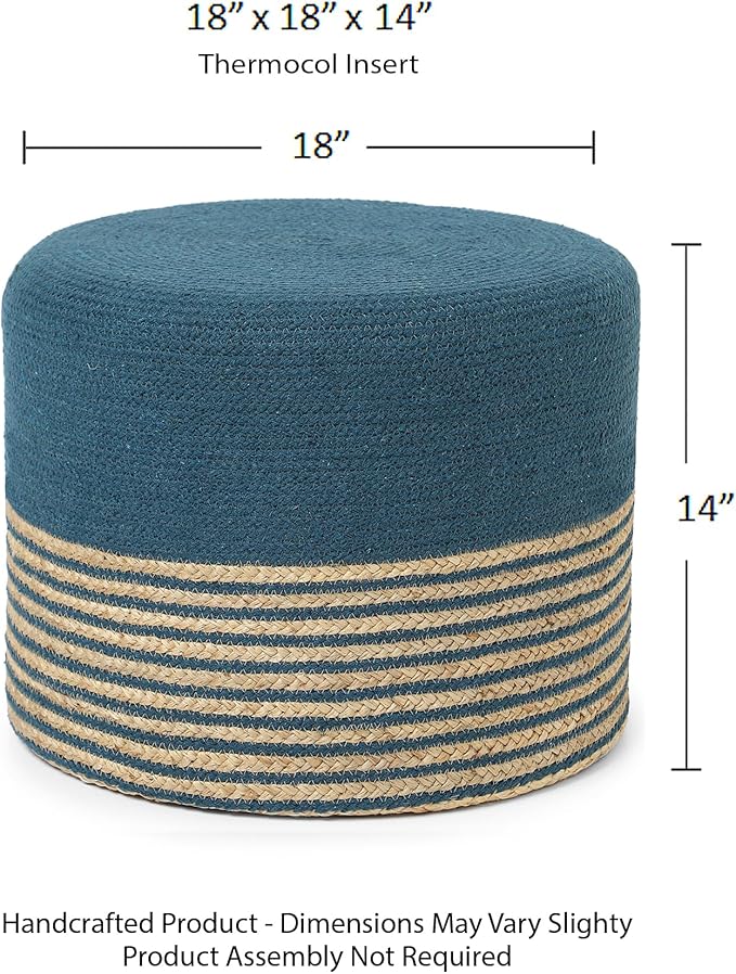 REDEARTH · Cylindrical Pouf Foot Stool Ottoman - Jute Braided Pouffe Poof Accent Sitting Footrest for Living Room, Bedroom, Nursery, Patio, Lounge & Other Rooms (Teal Natural, 18"x18"x14")-Ruum Studio Home