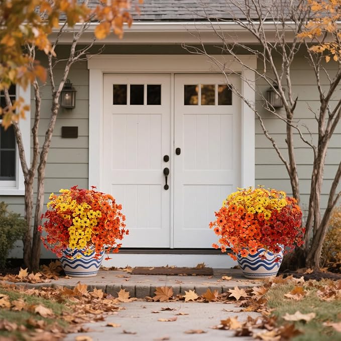 12 Bundles Artificial Fall Flowers Faux Mums for Outdoor Indoor, Artificial Plants Daisy Faux Plants Fake Mums for Fall Decor Pots Patio Garden Porch Autumn (Orange，Brown，Yellow) (12)-Ruum Studio Home