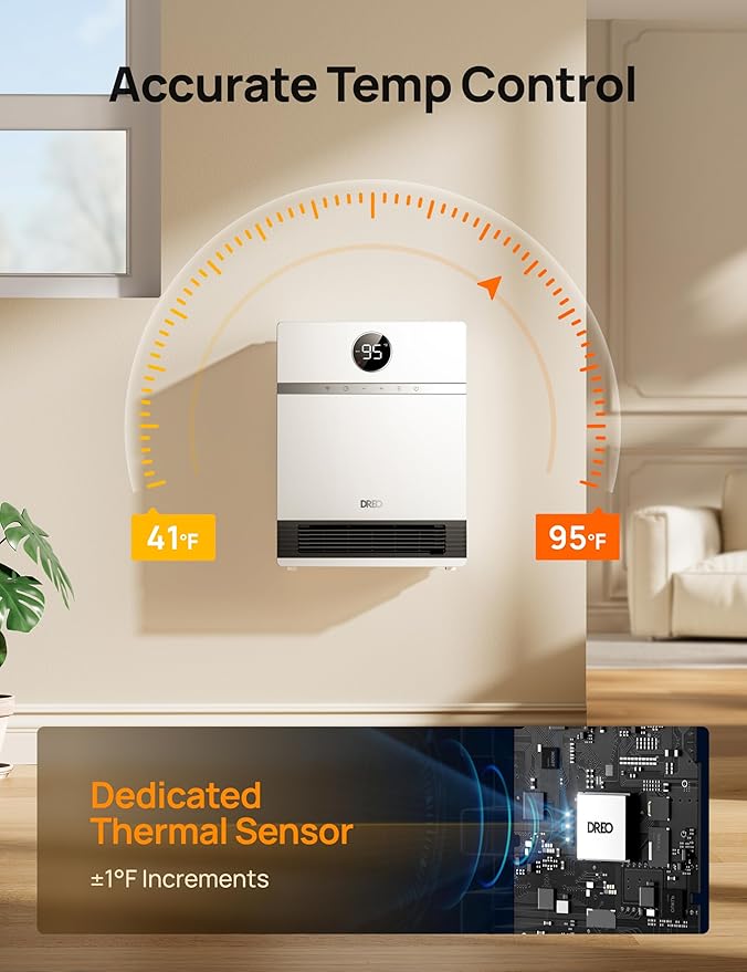 Dreo Smart Wall Heater, IP24 Electric Space Heater with ALCI Plug for Indoor Use, 30° Oscillation, Adjustable Thermostat, Remote Control, Works with Alexa, 24H Timer, Easy-mounted Heater for Bathroom-Ruum Studio Home