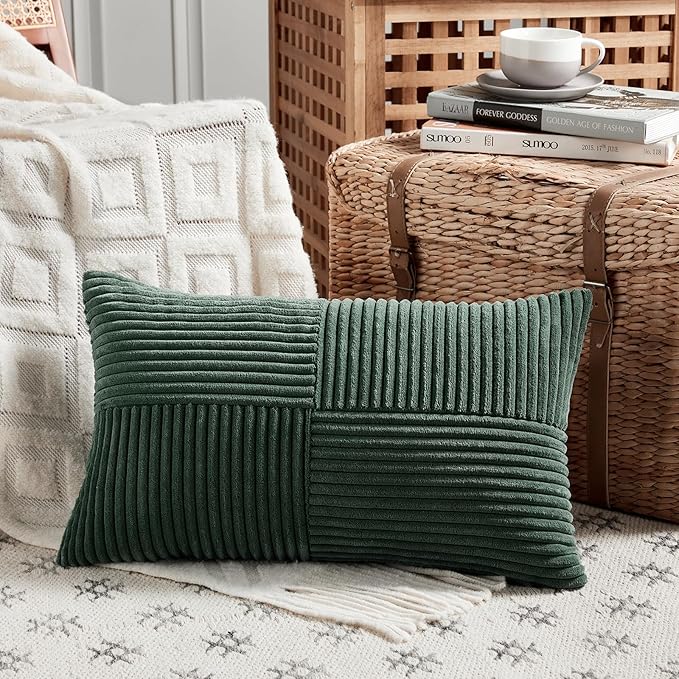 Fancy Homi Set of 2 Dark Green Long Lumbar Decorative Throw Pillow Covers 14x24 Inch for Living Room Couch Bed, Boho Farmhouse Forest Green Home Decor, Soft Corduroy Corss Textured Cushion Case-Ruum Studio Home